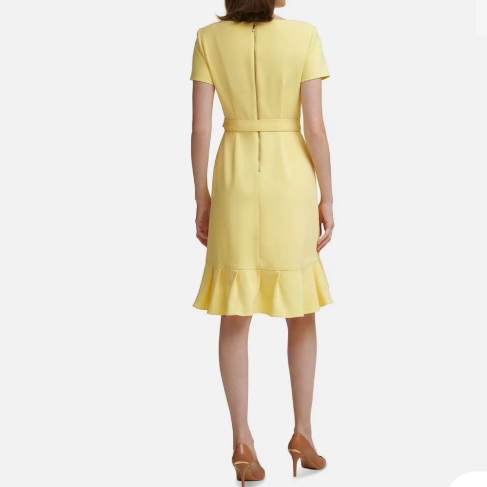 Calvin Klein Women's Yellow Ruffled Tulip-hem Short Sleeve Back Zip Crepe Dress - Picture 3 of 15